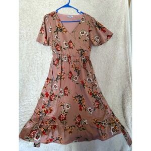 Polygram Womens Pink Floral V-Neck Belted Tie Waist Midi A-Line Dress S